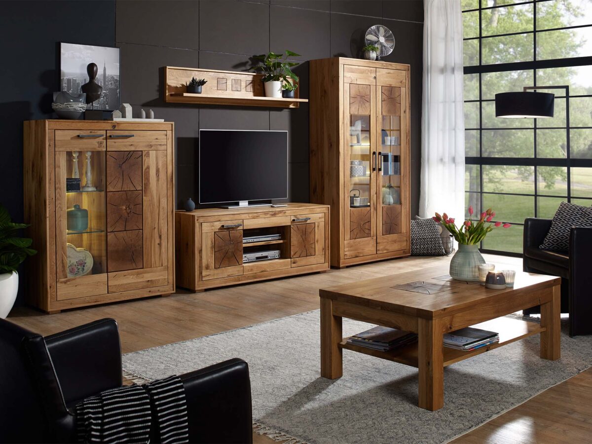 Komplet mebli dębowych do salonu witryny szafka RTV półka stolik kawowy