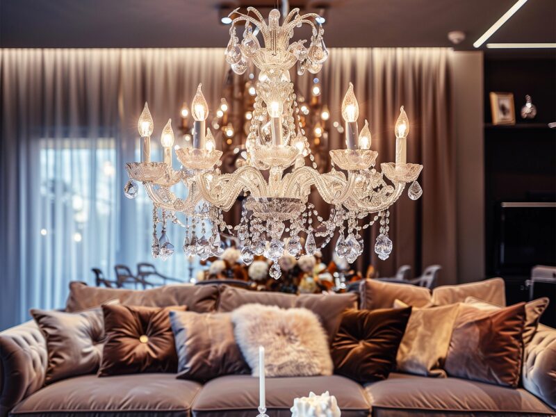 Luksusowy salon z kryształowym żyrandolem, styl glamour