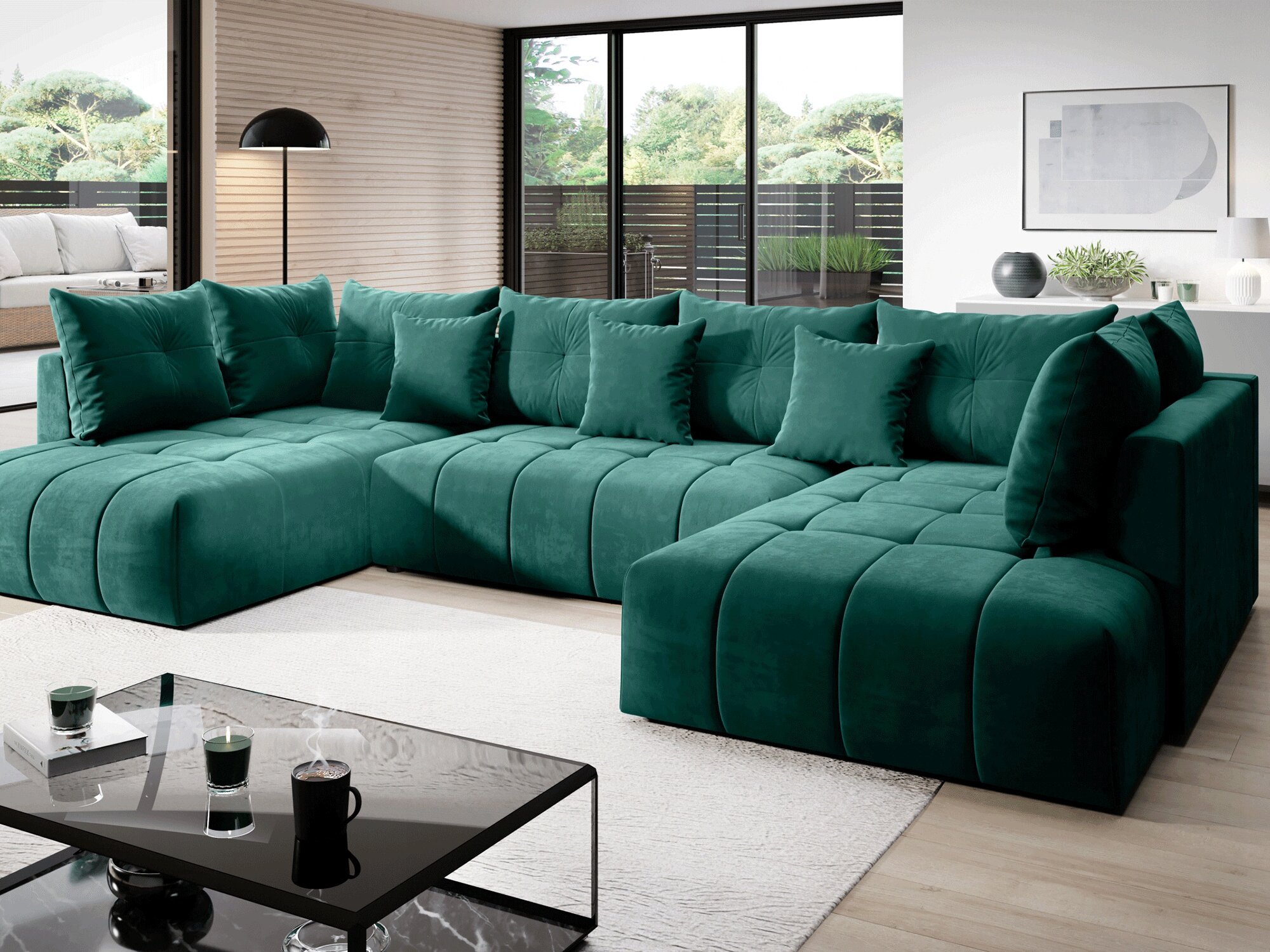 Zielony narożnik tapicerowany w nowoczesnym salonie z czarną lampą Zielony narożnik tapicerowany w nowoczesnym salonie z czarną lampą