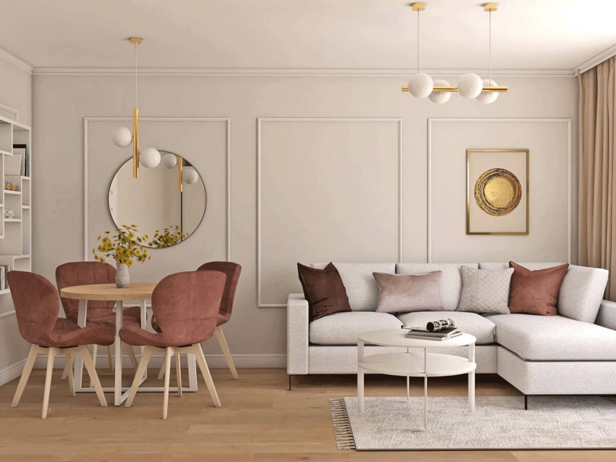 Okrągły stół i pudrowe krzesła w eleganckim salonie glamour
