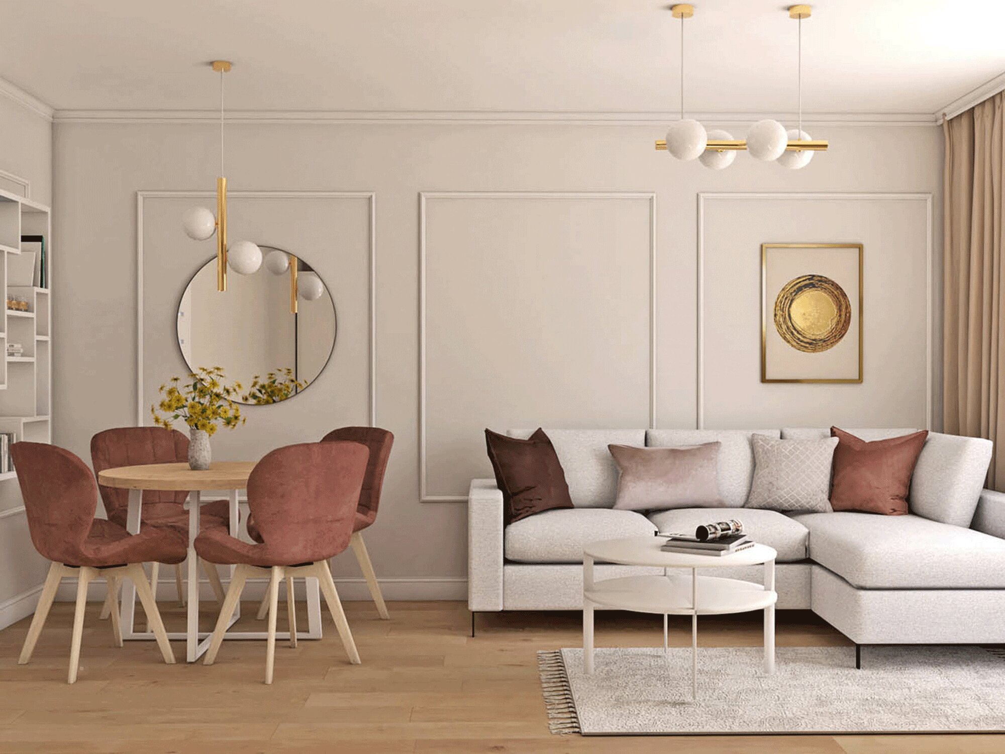 Okrągły stół i pudrowe krzesła w eleganckim salonie glamour