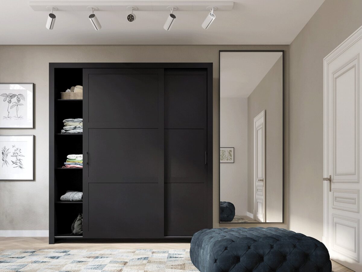 Nowoczesna czarna szafa z lustrem i regałem na książki