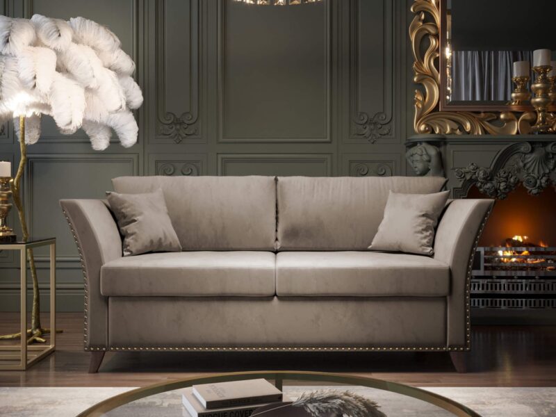 Klasyczna sofa z ozdobnymi guzikami, styl glamour do salonu