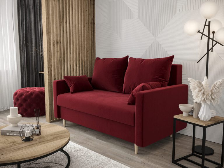 Sofa tapicerowana w bordowym kolorze, elegancki styl do salonu