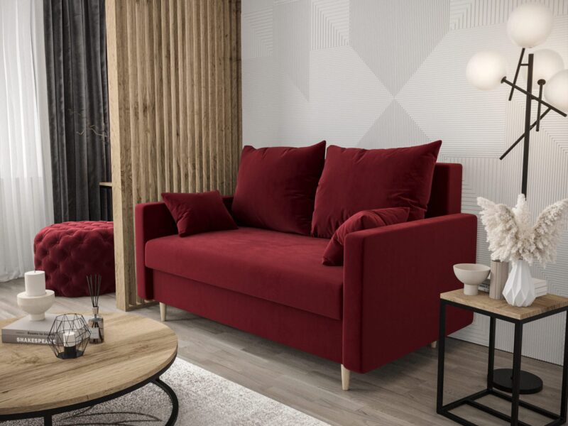 Sofa tapicerowana w bordowym kolorze, elegancki styl do salonu