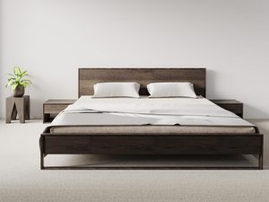 Miniaturka 4 - Łóżko z ciemnym zagłówkiem i jasną pościelą, styl loftowy