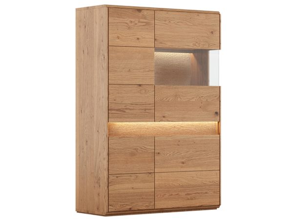 Wysoka witryna narożna z drewna z podświetleniem