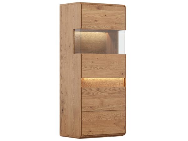 Przeszklona komoda narożna z LED i drewnianym korpusem