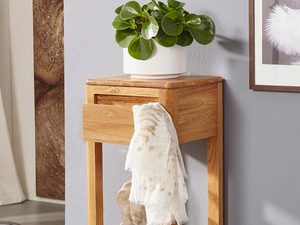 Miniaturka 7 - Wysoki stolik pomocniczy z drewnianą szufladą i półką