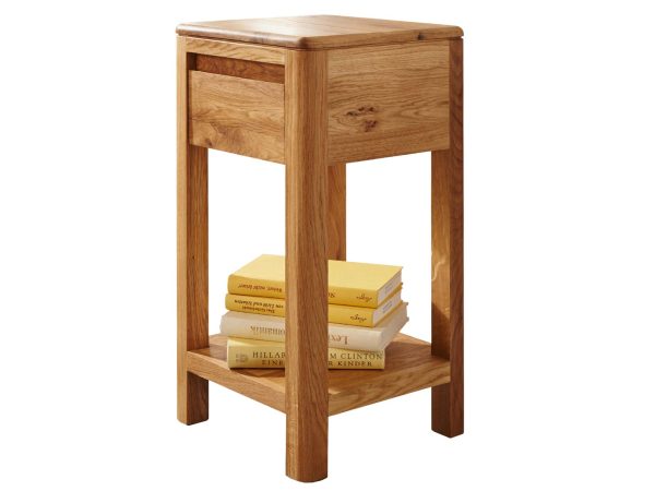 Stolik z drewna z dolną półką na książki i ukrytą szufladą