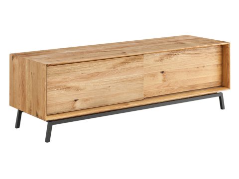 Nowoczesna szafka RTV z dębu i czarną stalową podstawą