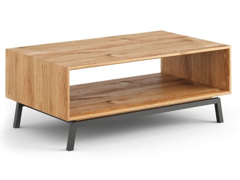 Drewniany stolik kawowy z otwartą półką i metalowymi nogami, nowoczesny styl do salonu