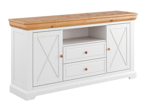 Stylowa szafka RTV z rustykalnym blatem i białymi panelami