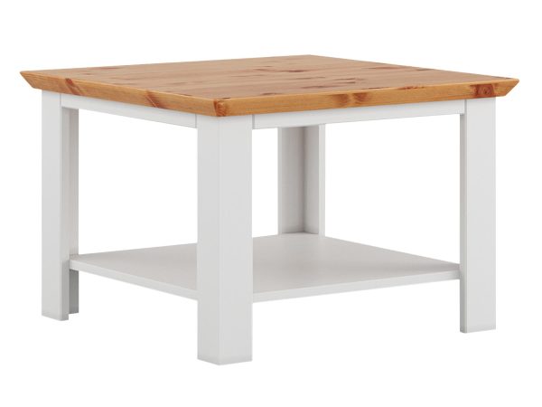 Kwadratowy stolik kawowy z drewnianym blatem i białą półką