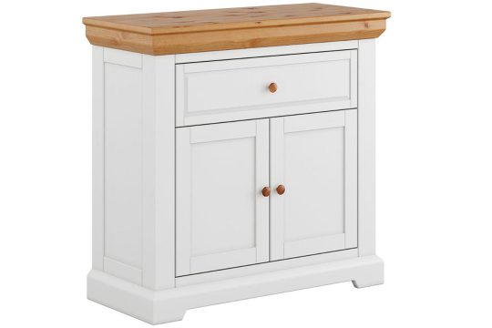 Stylowa biała komoda z drewnianym blatem do salonu