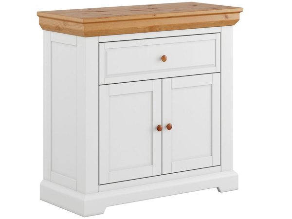 Stylowa biała komoda z drewnianym blatem do salonu