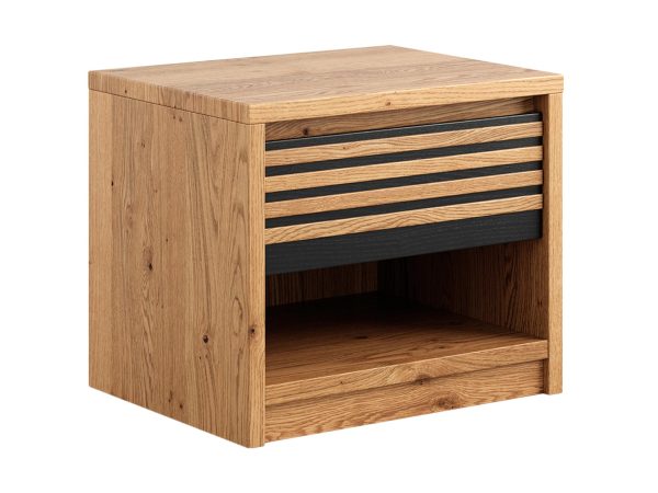 Stylowe połączenie czerni i naturalnego dębu w meblach