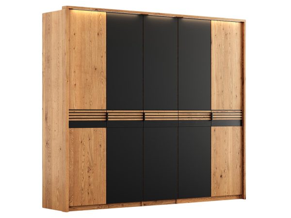 Duża szafa z drewna i czarnych paneli w stylu nowoczesnym