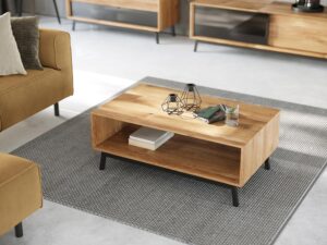 Miniaturka 1 - Drewniany stolik kawowy z otwartą półką i metalowymi nogami, nowoczesny styl