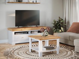 Miniaturka 5 - Drewniany stolik kawowy z białą podstawą i toczonymi nogami