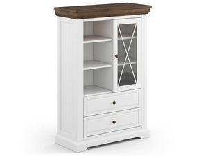 Miniaturka 5 - Witryna sosna w kolorze białym z półkami, szufladami oraz przeszklonymi drzwiczkami