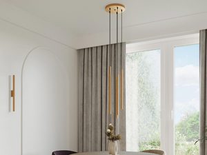 Miniaturka 20 - Złote lampy wiszące LED w aranżacji jadalni z okrągłym stołem