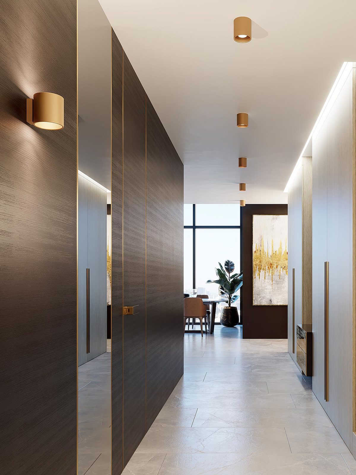 Korytarz z oświetleniem LED w kształcie złotych kostek Korytarz z oświetleniem LED w kształcie złotych kostek