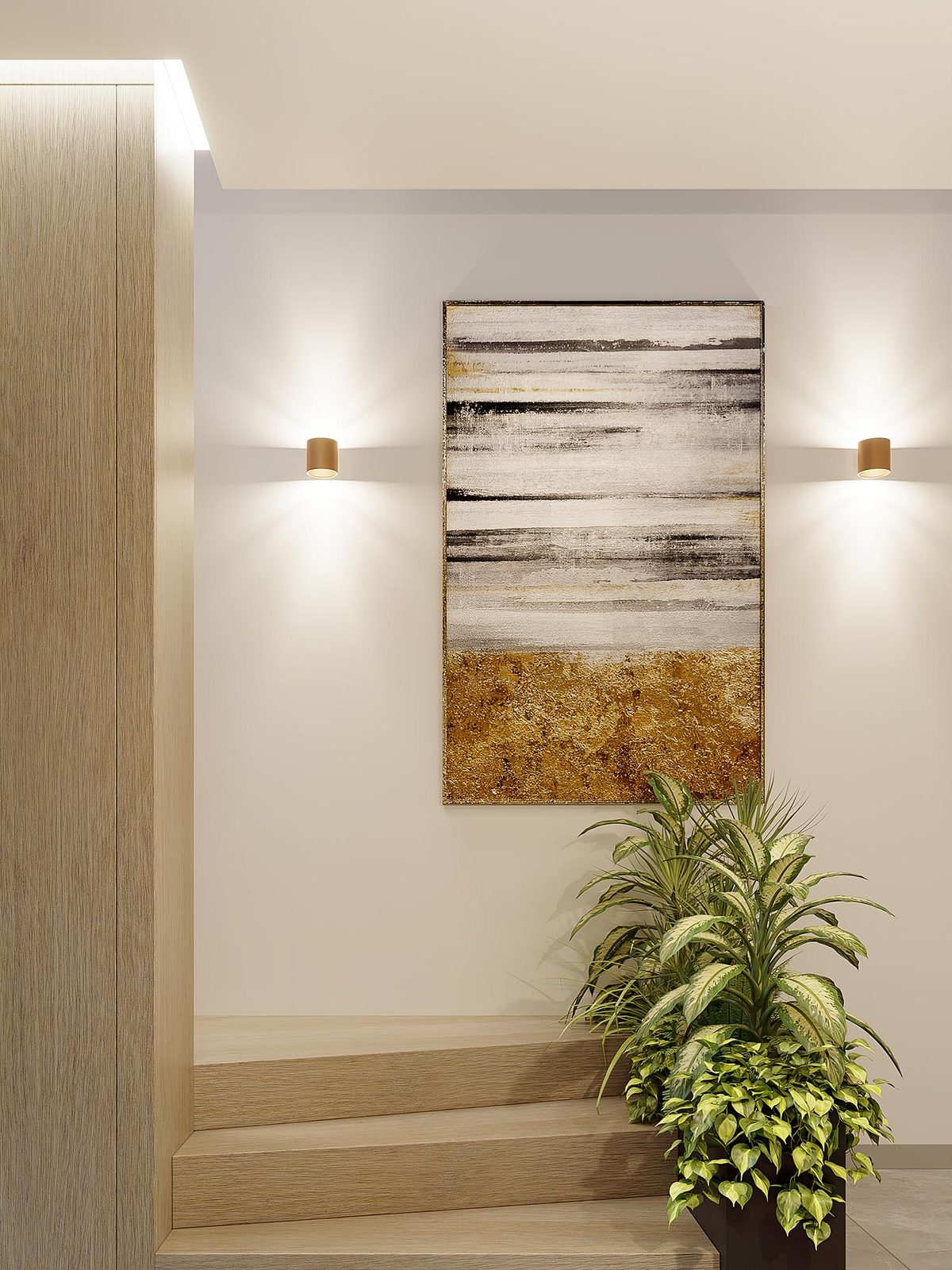 Minimalistyczne wnętrze z dwoma złotymi lampami ściennymi LED Minimalistyczne wnętrze z dwoma złotymi lampami ściennymi LED