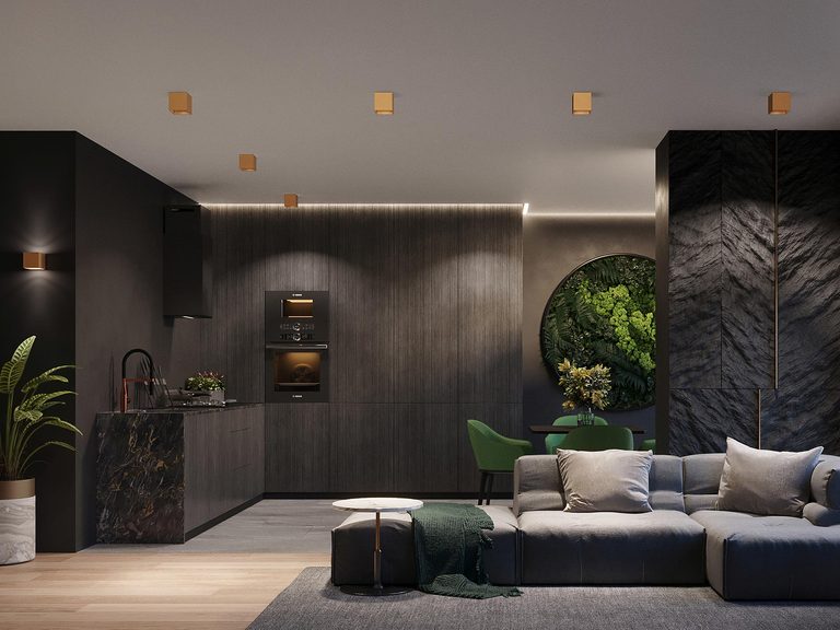 Ciemna strefa dzienna w stylu modern luxury