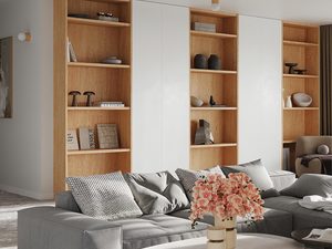 Miniaturka 6 - Nowoczesny salon z białymi ścianami i lampą drewnianą