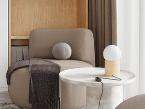 Miniaturka 6 - Nowoczesny salon z lampką stołową o drewnianej podstawie i mlecznym kloszu