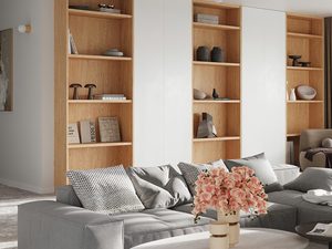 Miniaturka 4 - Kątowy widok na regały i złote oprawy sufitowe