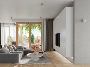 Miniaturka 5 - Salon z lampką ścienną kulistą przy szarej ścianie