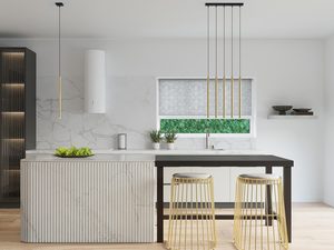 Miniaturka 5 - Złota lampa tubowa LED nad stołem kuchennym w stylu modern