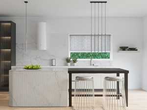 Miniaturka 6 - Aranżacja kuchni z białą lampą tubową zawieszoną nad wyspą