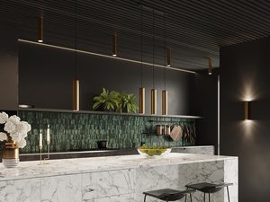 Miniaturka 7 - Kuchnia z wyspą i lampami wiszącymi w złotym kolorze