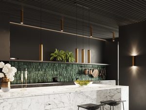 Miniaturka 6 - Kuchnia z wyspą i złotymi lampami tubowymi LED