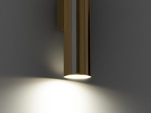 Miniaturka 2 - Zbliżenie na złotą lampę ścienną z delikatnym światłem góra-dół