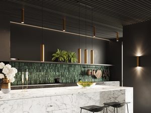 Miniaturka 6 - Aranżacja kuchni z marmurową wyspą i złotymi lampami tubowymi