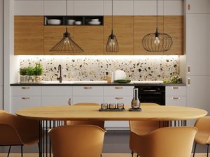 Miniaturka 5 - Drewniana kuchnia z czarnymi drucianymi lampami, styl industrialny