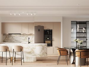 Miniaturka 6 - Aranżacja kuchni z oświetleniem spot i marmurową wyspą