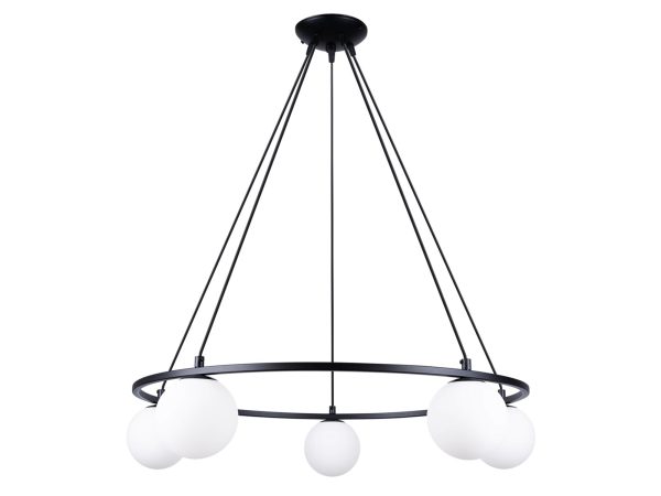 Okrągła lampa sufitowa z pięcioma kloszami kulistymi