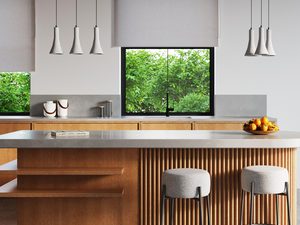 Miniaturka 6 - Nowoczesna kuchnia z drewnianą wyspą i wiszącymi lampami LED