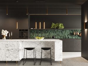 Miniaturka 5 - Kuchnia z marmurowym blatem i złotymi lampami wiszącymi