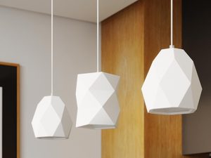 Miniaturka 7 - Wnętrze z wiszącymi lampami geometrycznymi nad drewnianą zabudową