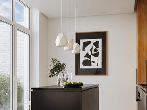 Miniaturka 6 - Aranżacja kuchni z białymi lampami i czarnymi akcentami