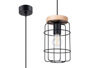 Miniaturka 1 - Lampa sufitowa industrialna z czarnym drucianym kloszem i drewnem