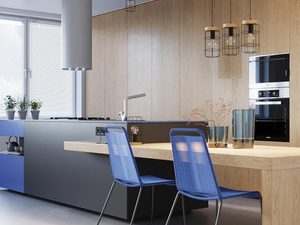 Miniaturka 6 - Aranżacja kuchni z lampami industrialnymi i wyspą z drewnianym frontem