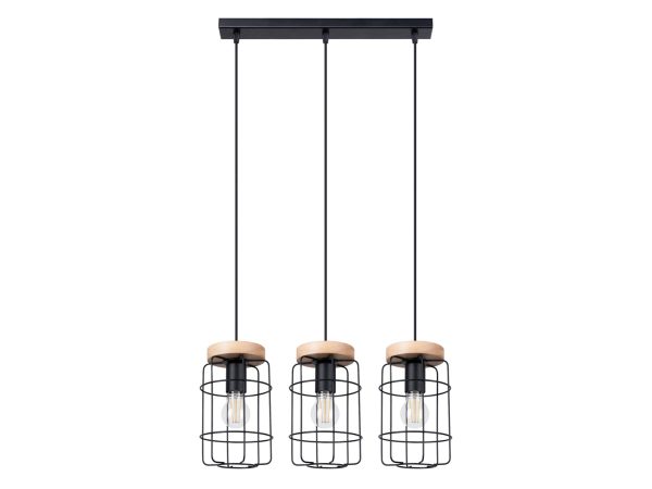 Lampa wisząca z trzema kloszami z siatki metalowej i drewnianymi bazami