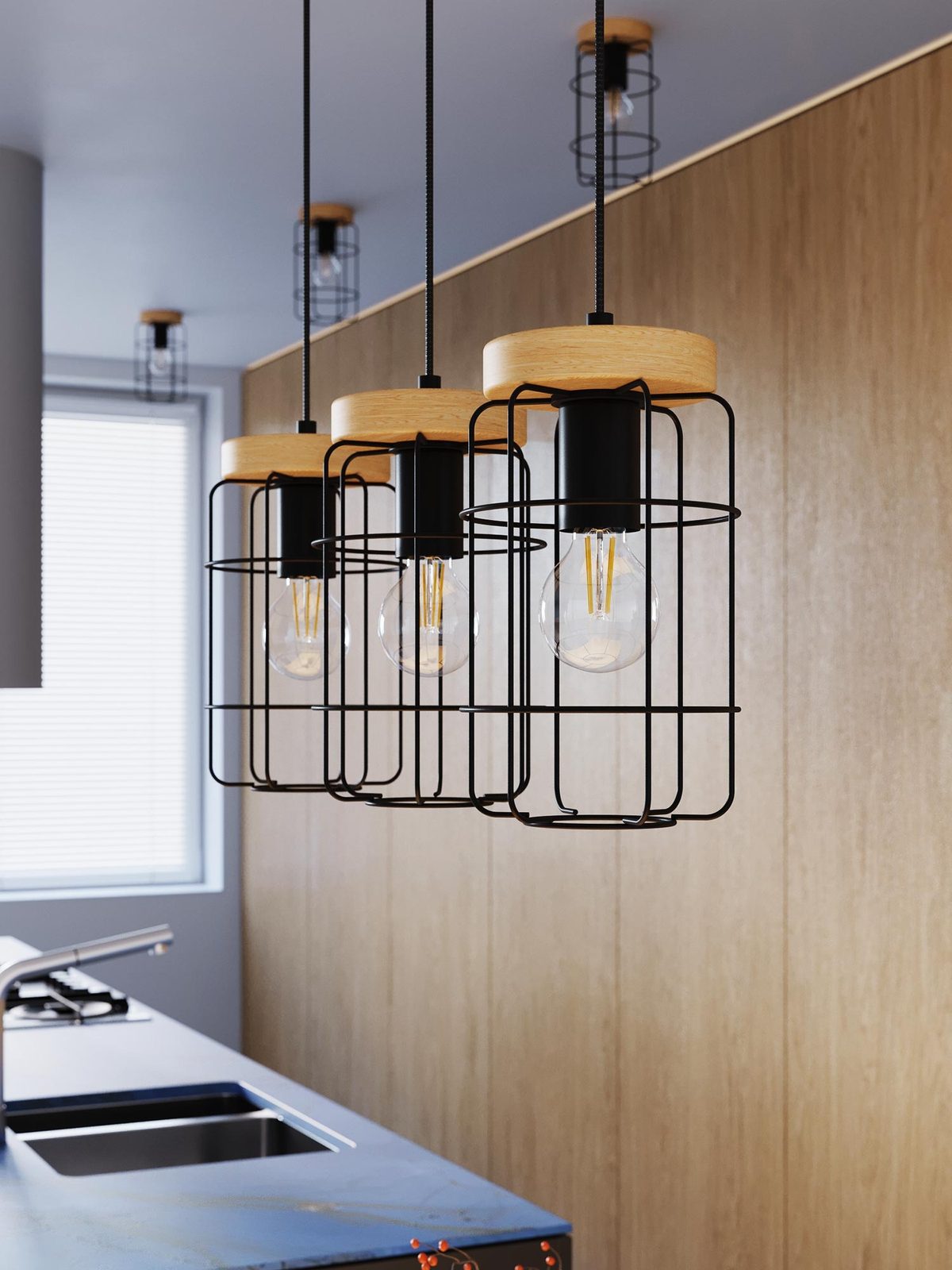 Trzy lampy sufitowe z drewnem i metalem nad kuchennym blatem